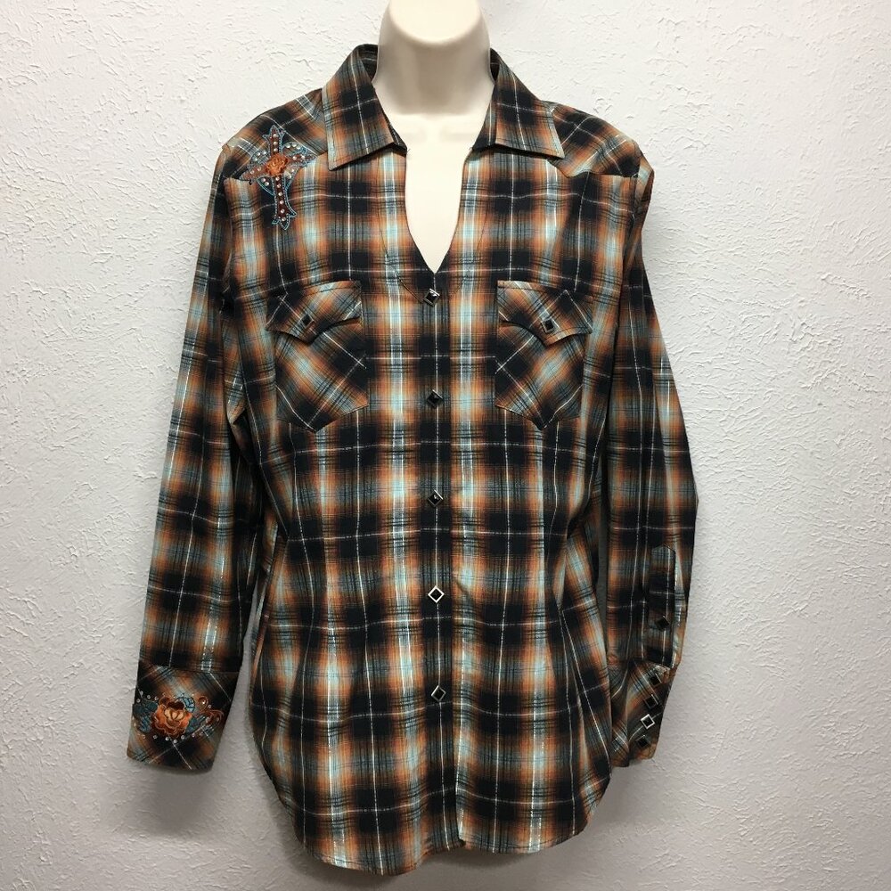 Panhandle‎ Slim Womens L Western Diamond Snap Shirt Embroidered Live Sing Love